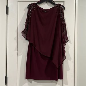 X BY XSCAPE Womens Burgundy Cape Overlay Sleeveless Short Party Sheath Dress